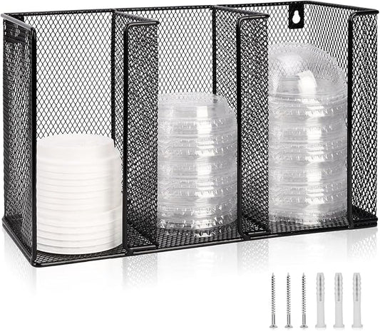Wall Mount Coffee Cup Lid Holder Organizer 3 Compartments Coffee Cup Lid Dispenser Black Metal Mesh Disposable Cup and Lid Storage for 8-24 Oz Capacity Cup Lid Kitchen Restaurant Coffee Bar Office by DLUGOPIS