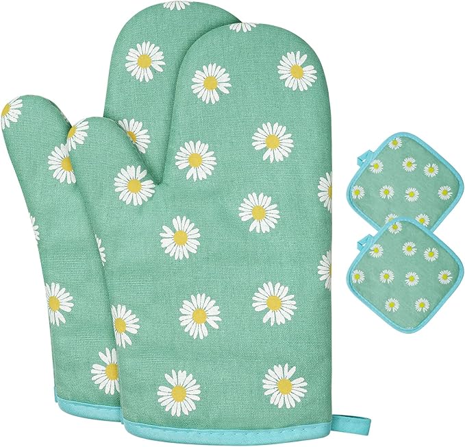 AUAUY Oven Mitts and Potholders, BBQ Gloves Heat Resistant, 1 Pair Oven Mitts and 2 Pot Holders, Cotton Non-Slip Cooking Gloves Home Essentials for Cooking Baking Kitchen Microwave Pizza (Daisy-Green) by AUAUY