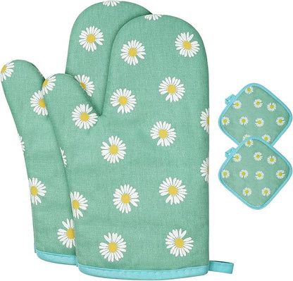 AUAUY Oven Mitts and Potholders, BBQ Gloves Heat Resistant, 1 Pair Oven Mitts and 2 Pot Holders, Cotton Non-Slip Cooking Gloves Home Essentials for Cooking Baking Kitchen Microwave Pizza (Daisy-Green) by AUAUY