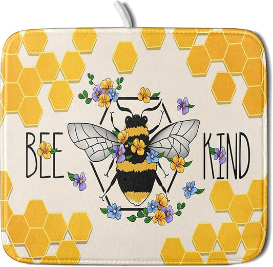 Giwawa Bee Kind Dish Drying Mat, Summer Bees Flowers Dish Drainer Mats for Kitchen Countertop, Yellow Honeycomb Absorbent Reversible Dish Drying Pad Decoration, 16x18inches, Small Size