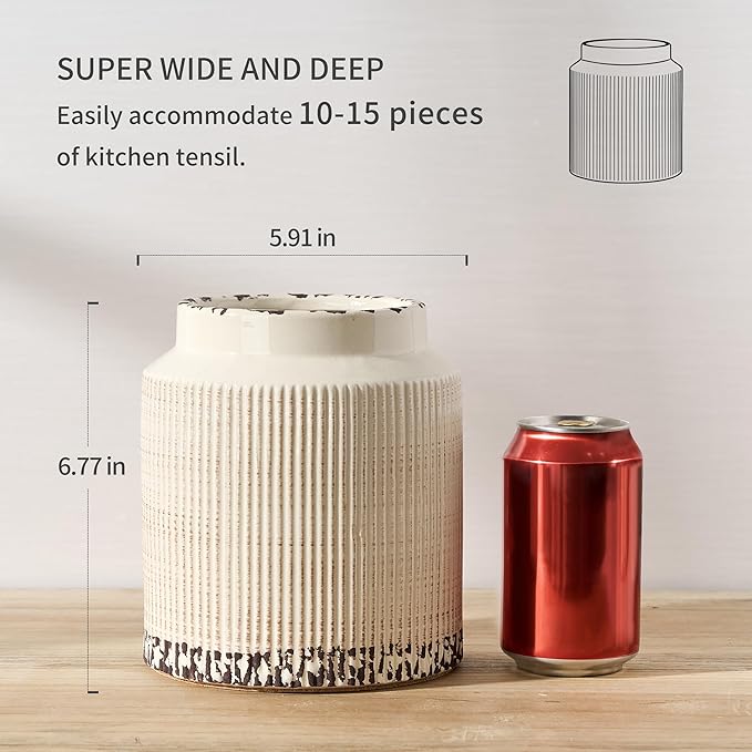 JIEMEI HOME Kitchen Utensil Holder, 6.77" Ceramic Farmhouse Stable Utensil Crock for Countertop, Vintage Style Cooking Tool Organizer with Cork Mat, Spatula Holder For Kitchen Decor, Antique Beige - Image 2