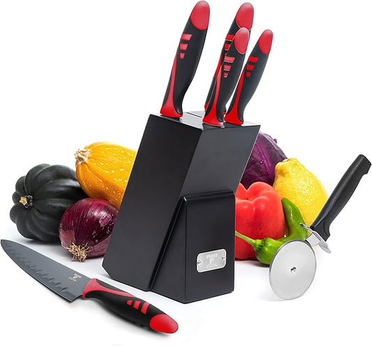 Moss & Stone 7-Piece Kitchen Knife Set with Block – Black Titanium Plated Stainless Steel Kitchen Knives, High Carbon Blades, Compact Cutlery Set for Home Cooking, Small Knife Set Black Wood Block by Mossstone