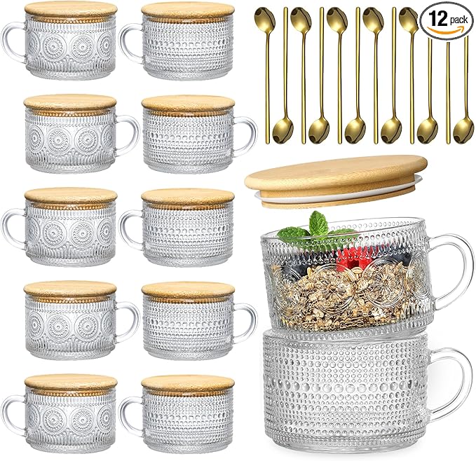 LANDNEOO 12pcs Set Irish Coffee Glasses, Vintage Coffee Mugs, Overnight Oats Containers with Bamboo Lids and Spoons - 14oz Clear Embossed Glass Cups, Cute Coffee Bar Accessories, Iced Coffee Glasses by MakeLifeBetterEasier