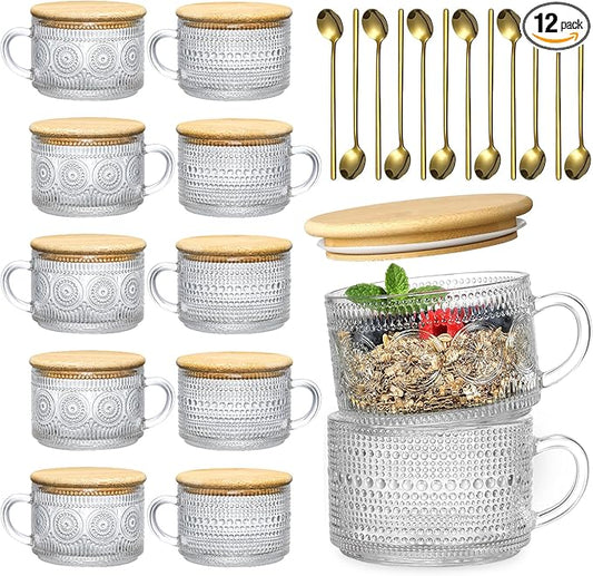 LANDNEOO 12pcs Set Irish Coffee Glasses, Vintage Coffee Mugs, Overnight Oats Containers with Bamboo Lids and Spoons - 14oz Clear Embossed Glass Cups, Cute Coffee Bar Accessories, Iced Coffee Glasses by MakeLifeBetterEasier