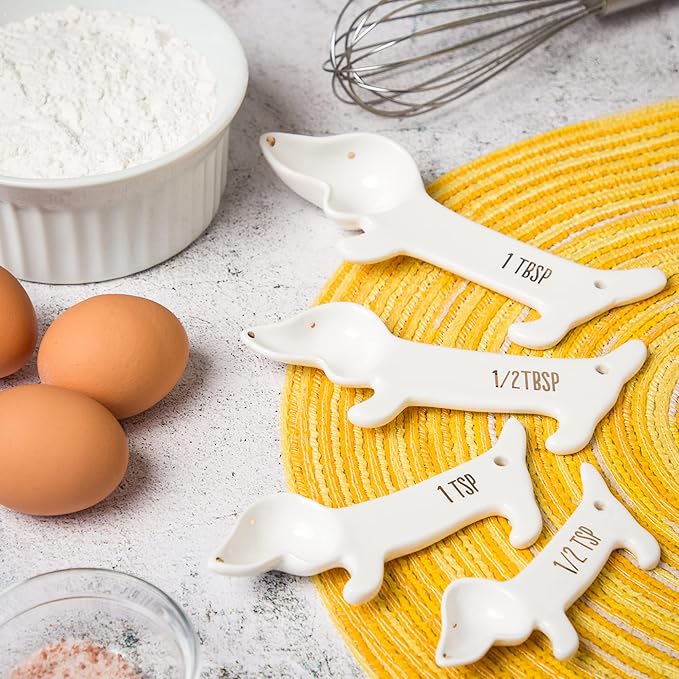 VOTUM White Dachshund Ceramic Measuring Spoon Set – Set of 4 Cute Weiner Dog Themed Kitchen Baking Tools – Gift for Dog Lovers - Image 3