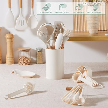 E-far White Cooking Utensils Set with Holder, 25-Piece Silicone Kitchen Utensil Set with Wooden Handle for Nonstick Cookware, 446°F Heat Resistant Kitchen Tool Spatula Tongs Whisk, Non-toxic & Healthy - Image 5