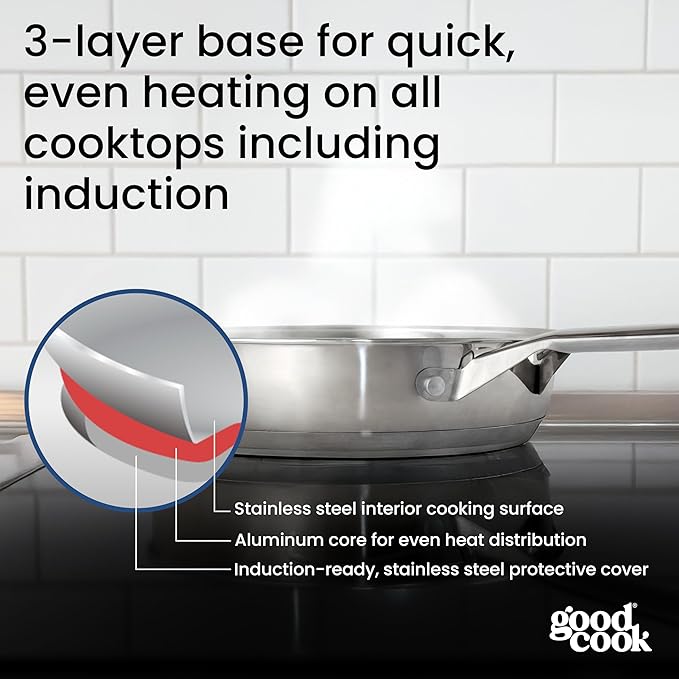 GoodCook Stainless Steel Deep Saute Pan 10.25-Inch, Oven-Safe to 500F & Induction-Safe Compatible with All Stovetops 3-Layer Construction for Even Heating Non-Toxic PTFE & PFOA Free, 3-Quarts, Silver