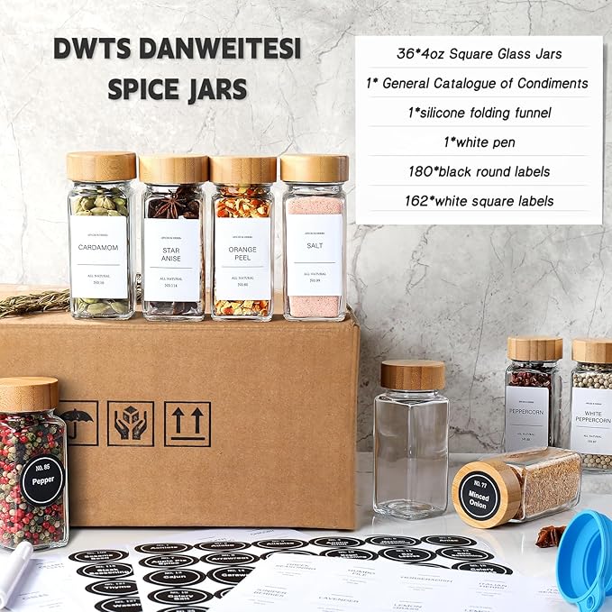 DWTS DANWEITESI 36 Pcs Glass Spice Jars - 4oz With Bamboo Lids, Empty Bottles With Labels, Kitchen Spice Jars With Shaker Lids - Image 4