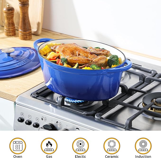 Velaze 7.5 QT Enameled Oval Dutch Oven Pot with Lid, Cast Iron Dutch Oven with Dual Handles for Bread Baking, Cooking, Frying, Non-stick Enamel Coated Cookware（Blue) - Image 6