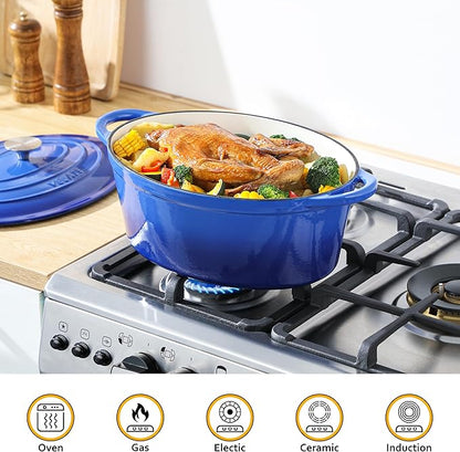 Velaze 7.5 QT Enameled Oval Dutch Oven Pot with Lid, Cast Iron Dutch Oven with Dual Handles for Bread Baking, Cooking, Frying, Non-stick Enamel Coated Cookware（Blue) - Image 6