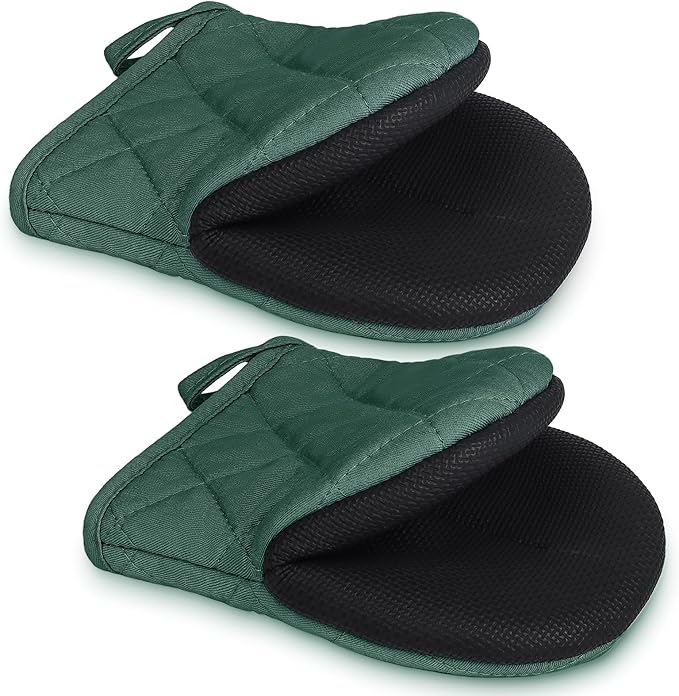 1 Pair Short Oven Mitts - Silicone Kitchen Oven Gloves High Heat Resistant 500℉, Mini Oven Mits with Non-Slip Grip Surfaces and Hanging Loop for BBQ, Baking, Cooking and Grilling (ArmyGreen) by Qulable
