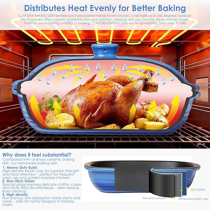 Ceramic Casserole Dish with Lid – 9x13 Stoneware Baking Dish with Lid for Oven, 2.57 Qt Large Deep Casserole Dishes for Oven, Non-Stick Glazed Covered Deep Casserole Dish Lasagna Pan, Dishwasher Safe, Gift for Home Chef (Blue)