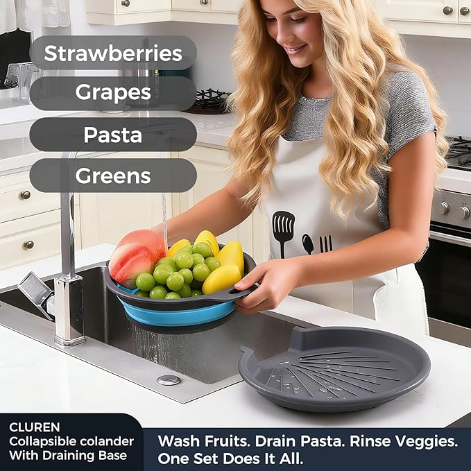 Collapsible Colander Set with Oversized Draining Tray | 3-Pack Foldable Kitchen Strainers + Base | Space Saving for Pasta, Veggies, Fruit & Rice | 5 Colors (Gray-Blue) - Image 4