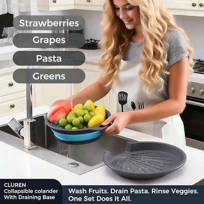 Collapsible Colander Set with Oversized Draining Tray | 3-Pack Foldable Kitchen Strainers + Base | Space Saving for Pasta, Veggies, Fruit & Rice | 5 Colors (Gray-Blue) - Image 4