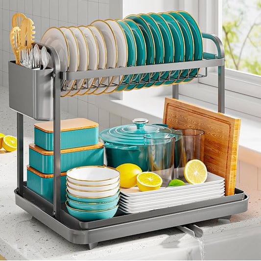 Sakugi 2-Tier Dish Drying Rack - Stainless Steel Dish Rack with Cutlery & Utensil Holders for Kitchen Counter, Sink Organization and Storage for Small Family, 15" W x 11.4" L x 15" H, Gray by Sakugi