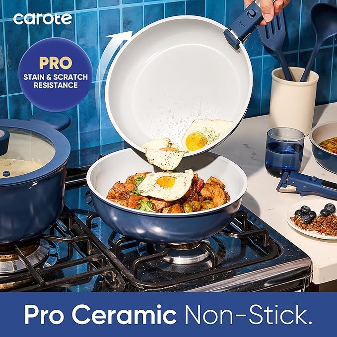 CAROTE 27pcs Ceramic Cookware Set Nonstick, Pots and Pans Set Non Stick, Non Toxic Cookware Detachable Handles, Dishwasher/Oven Safe, RV/Camping Cookware, Pan and Pot with Kitchen Utensils, Navy Blue - Image 3