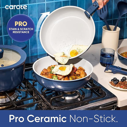 CAROTE 27pcs Ceramic Cookware Set Nonstick, Pots and Pans Set Non Stick, Non Toxic Cookware Detachable Handles, Dishwasher/Oven Safe, RV/Camping Cookware, Pan and Pot with Kitchen Utensils, Navy Blue - Image 3