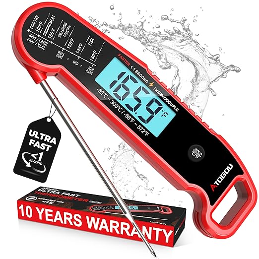 Atogou Meat Thermometer, Professional Food Thermometer, <1 Sec Instant Read, ±0.5℉ Accuracy, Thermocouple Sensor, Waterproof Digital Thermometer for Cooking, BBQ, Grill, Him Dad Birthday Gifts, Red by ATOGOU