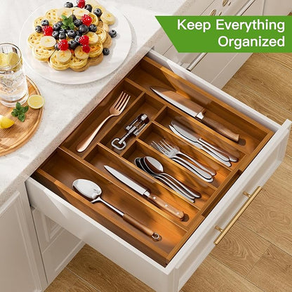 Pipishell Bamboo Expandable Drawer Organizer for Utensils Holder, Adjustable Silverware Organizer Cutlery Tray, Drawer Dividers for Utensils, Flatware, Knives in Kitchen, Bedroom, Living Room(M-Brown) - Image 3