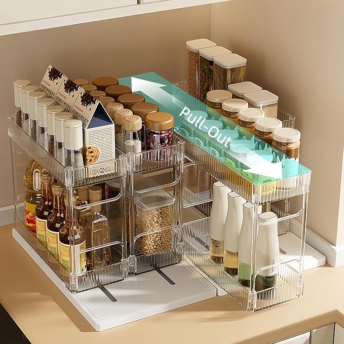 Mustorn Pull Out Spice Rack Organizer for Cabinet, Rotatable 2 Tier Slide Out Seasoning Organizer and Storage Adhesive Vertical Spice Rack Shelf Pullout for Kitchen Cabinets(2 Drawer, Acrylic) - Image 2