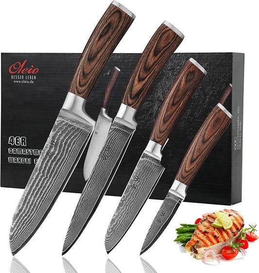 Wakoli EDIB 4-Piece Damascus Knife Set – Professional Kitchen Knife Set, 67-Layer Genuine Damascus Steel, High Carbon Stainless Steel Core (VG10), Ergonomic Pakkawood Handles, In Elegant Gift Box