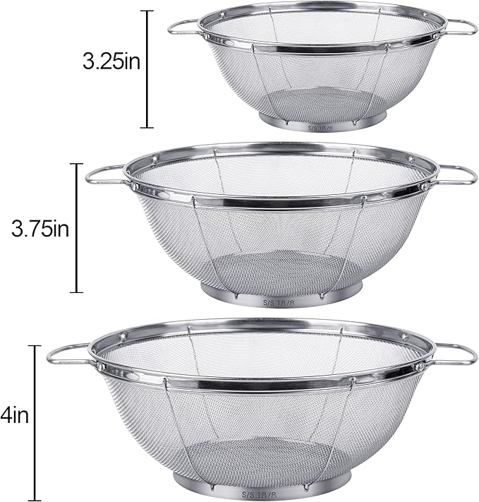 3 Pack 18/8 Stainless Steel Colander Sieves(5-Quart, 4-Quart and 3-Quart), Mesh Strainer Net Baskets with Handles & Resting Base for Strain, Drain, Rinse or Steam - Image 5