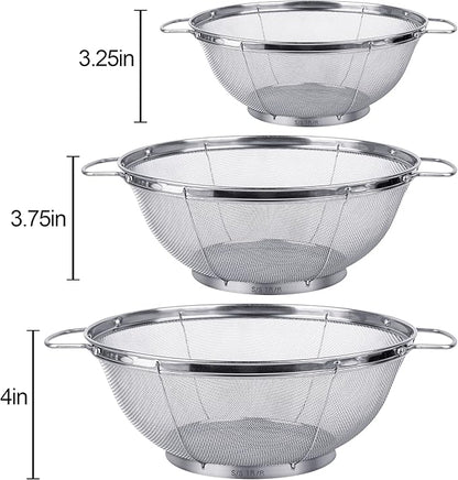 3 Pack 18/8 Stainless Steel Colander Sieves(5-Quart, 4-Quart and 3-Quart), Mesh Strainer Net Baskets with Handles & Resting Base for Strain, Drain, Rinse or Steam - Image 5