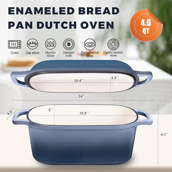 4.6 Quart Dutch Oven for Sourdough Bread Baking, Combo Oval Enameled Cast Iron Bread Pan with Lid, Bread Dutch Oven for a Crispy Crust, Seasalt - Image 2