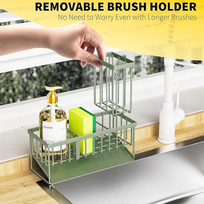 Cisily Kitchen Sink Caddy, Sponge Holder for Kitchen Sink, Kitchen Sink Organzier and Storage with High Brush Holder, 304 Stainless Gadgets Sink Accessories, Organizadores de Cocina Sage Green - Image 4