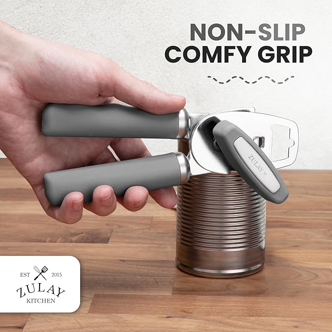 Zulay Kitchen Heavy Duty Stainless Steel Can Opener Manual with Bottle Opener - Rust Proof Manual Can Opener With Turn Knob & Comfy Soft Grip Handles - Light Gray - Image 5