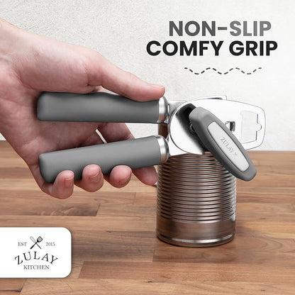 Zulay Kitchen Heavy Duty Stainless Steel Can Opener Manual with Bottle Opener - Rust Proof Manual Can Opener With Turn Knob & Comfy Soft Grip Handles - Light Gray - Image 5