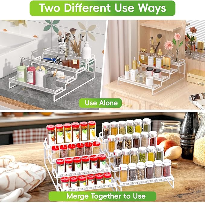 4 Tier Adjustable Spice Rack Organizer for Cabinet - White (2 PCS S&L) Expandable Spice Shelf with Protection Railing for Inside Cabinets, Countertop, Pantry Storage & Seasoning Organization - Image 7