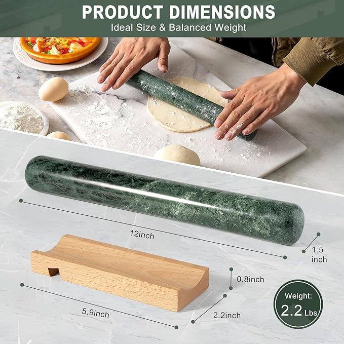 Marble French Rolling Pin for Baking, 12 Inch Non Stick Polished Rolling Pin for Dough, Heavy Dough Roller for Fondant Pizza Pie Crust Cookie Pastry Bread, Kitchen Baking (Indian Green) - Image 2