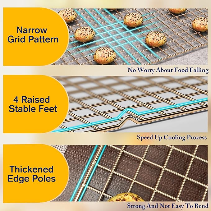 2PCS Cooling Racks for Cooking and Baking - 10" x 16"Heavy Duty Stainless Steel Wire Rack for Baking, Grilling, Roasting - Oven & Dishwasher Safe - Fits Half Sheet Pan（Gold） - Image 3