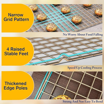 2PCS Cooling Racks for Cooking and Baking - 10" x 16"Heavy Duty Stainless Steel Wire Rack for Baking, Grilling, Roasting - Oven & Dishwasher Safe - Fits Half Sheet Pan（Gold） - Image 3