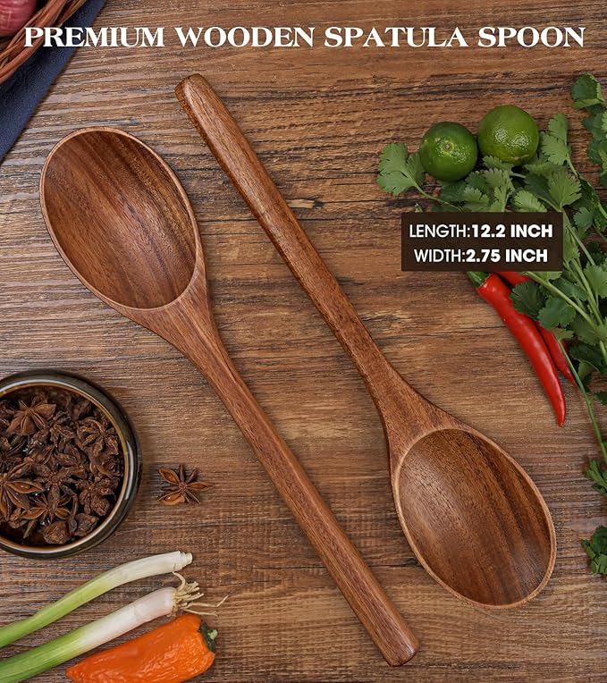 2PCS Wooden Spoons for Cooking, Natural Acacia Wood Cooking Spoons, Large Serving Spoons for Nonstick Cookware, Heat Resistant Durable Wooden Kitchen Utensils for Mixing Salad, Serving and Stirring - Image 2