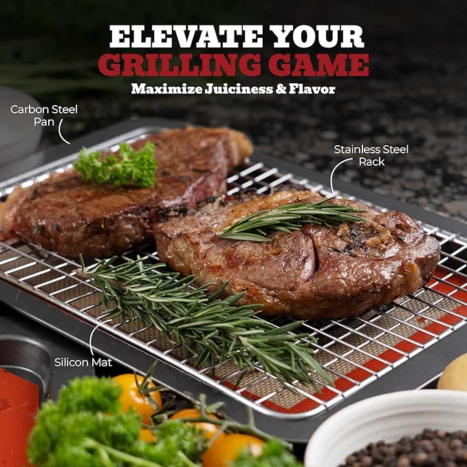 Trinity Provisions Large Meat Resting Pan - With Wire Rack and Silicone Baking Mat - Dishwasher and Oven Safe Stainless Steel, for Cooking and Cooling Steak, BBQ, Bacon, & More