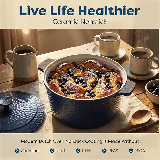 Gotham Steel Hammered 5 Qt Lightweight Dutch Oven Pot with Lid & Holders, Ceramic Non Toxic, Oven Safe & Even Heat Retaining Dutch Oven for Bread Baking Sourdough, Soup, 70% Lighter than Cast Iron - Image 3