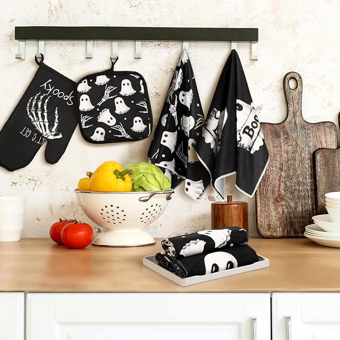 Leinuosen 8 Pcs Skull Kitchen Decor Set Kitchen Towels Gothic Oven Mitts and Pot Holders Skeleton Hand Dish Towels Horror Oven Mitts for Home Decoration Party Gifts (Vintage Color,Ghost) - Image 5