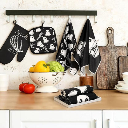 Leinuosen 8 Pcs Skull Kitchen Decor Set Kitchen Towels Gothic Oven Mitts and Pot Holders Skeleton Hand Dish Towels Horror Oven Mitts for Home Decoration Party Gifts (Vintage Color,Ghost) - Image 5