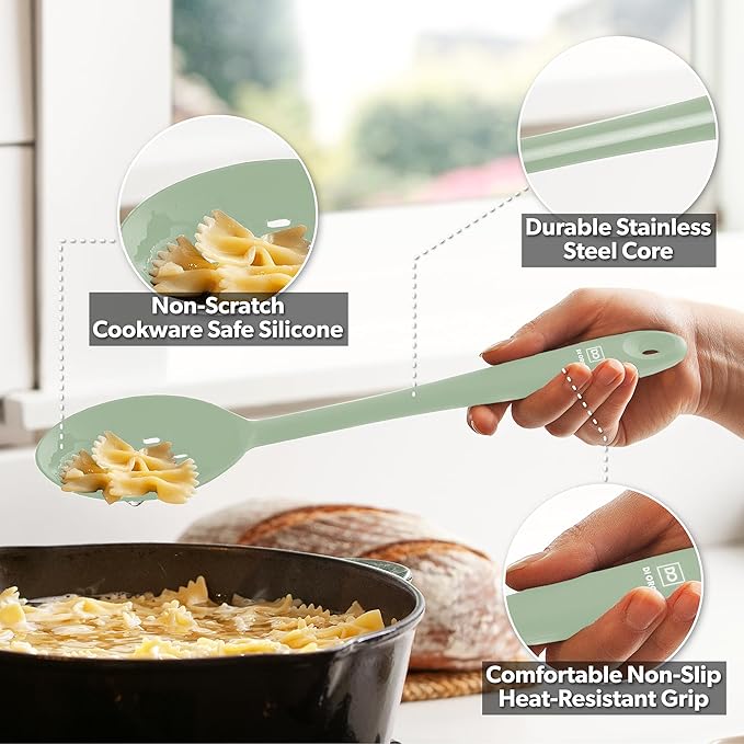 DI ORO Silicone Spoons for Cooking - Large Kitchen Spoons for Mixing, Serving, & Stirring - 600°F Heat-Resistant Non Stick Utensils – Big Solid & Slotted Basting Spoons - Dishwasher Safe (2pc, Sage) - Image 3