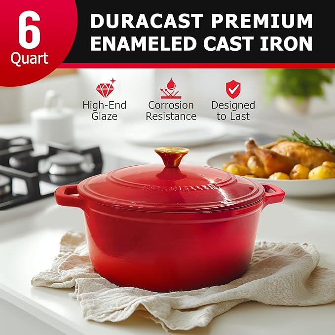 Mueller 6qt Enameled Cast Iron Dutch Oven, Heavy-Duty Casserole and Braiser Pan with Lid and Knob, Oven-Safe up to 500° F & Across All Cooktops, Red - Image 2