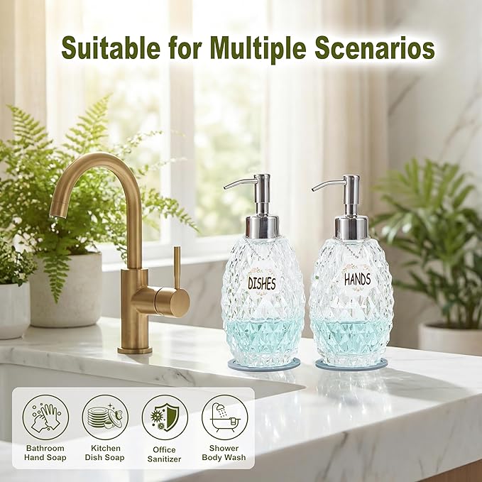 MALACHI Soap Dispenser Set, Crystal-Textured Diamond Glass with Rustproof Stainless Steel Pump, Dual-Labelled Hand & Dish Soap Dispenser for Kitchen & Bathroom