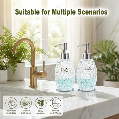 MALACHI Soap Dispenser Set, Crystal-Textured Diamond Glass with Rustproof Stainless Steel Pump, Dual-Labelled Hand & Dish Soap Dispenser for Kitchen & Bathroom