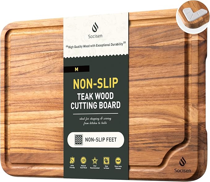 Teak Wood Cutting Board for Kitchen 13inch Charcuterie Board Serving Heavy Duty Non Toxic Slip Over Sink Solid Thick Haus Wooden Chopping Board Large Big Small Meat Best Kitchen Essential Gift by Socisen