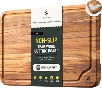 Teak Wood Cutting Board for Kitchen 13inch Charcuterie Board Serving Heavy Duty Non Toxic Slip Over Sink Solid Thick Haus Wooden Chopping Board Large Big Small Meat Best Kitchen Essential Gift by Socisen