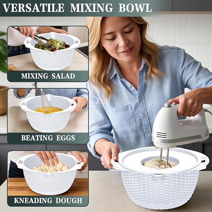 4-1 Colander with Bowl Set - Rotatable Colander for Kitchen(Patented) - Strainers and Colanders - Pasta Strainer with New Upgraded Graters for Fruit Veggie Fun Kitchen Presents - White - Image 6