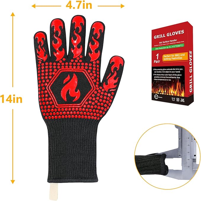 QUWIN BBQ Gloves, Oven Gloves 1472℉ Extreme Heat Resistant, Grilling Gloves Silicone Non-Slip Oven Mitts, Kitchen Gloves for BBQ, Grilling, Cooking, Baking-1 Pair… (One Size(Long Cuff), Red) - Image 7