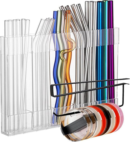 Kitchen Cabinet Straw Holder: Acrylic Organizer and Hanging Lid Rack with Adhesive for Door – Cup Tumbler Accessories Storage Set by SPEDOL