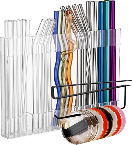 Kitchen Cabinet Straw Holder: Acrylic Organizer and Hanging Lid Rack with Adhesive for Door – Cup Tumbler Accessories Storage Set by SPEDOL